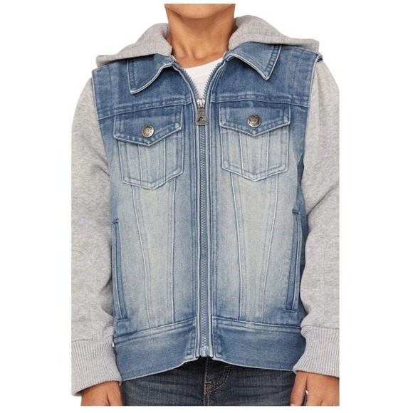 Urban Republic Other - Urban Republic Kids Blue Denim Hybrid Hoodie Jacket Gray Moto Sleeves Size 14/16
